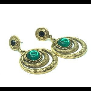 Retired 1928 green black stone dangle drop earrings
